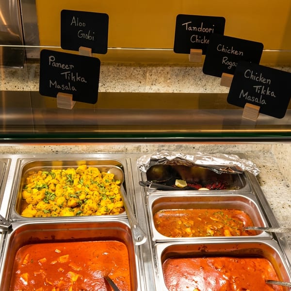 Indian buffet with naan, aloo gobi, paneer tikka masala, chicken rogan, and tandoori chicken.