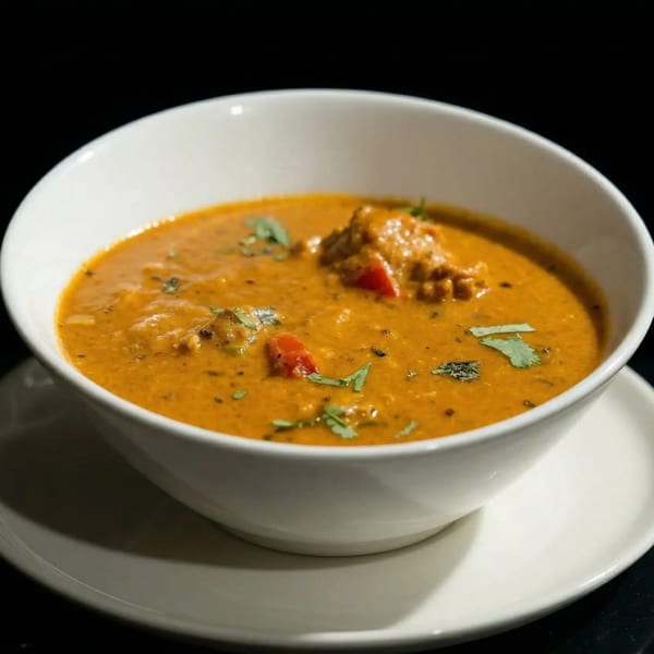 A white bowl filled with orange curry, garnished with green herbs and red peppers.