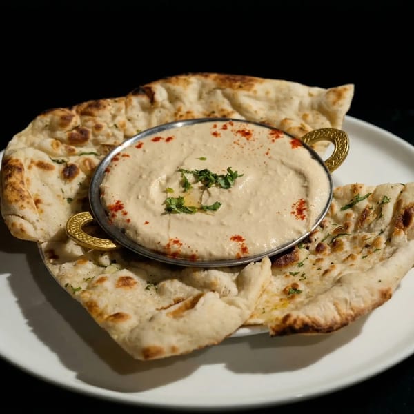 Hummus in a metal bowl, garnished with paprika and cilantro, surrounded by warm naan bread.