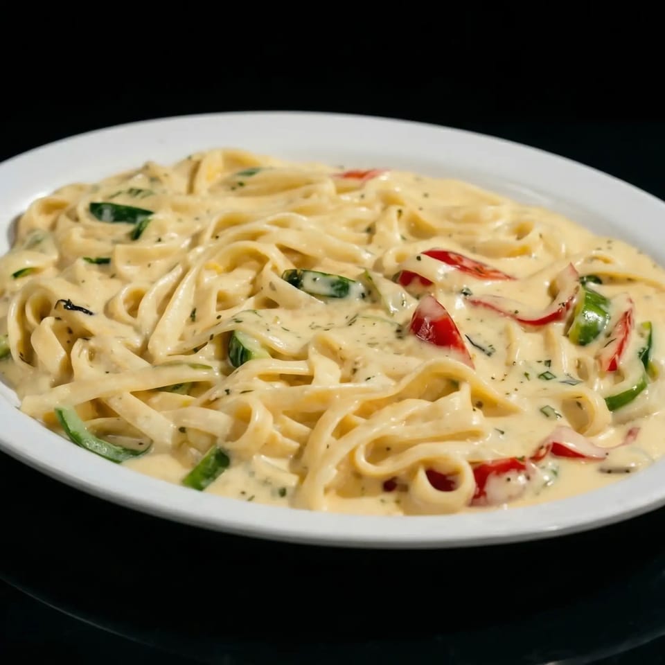 Creamy fettuccine pasta with red and green bell peppers and herbs in a white bowl.