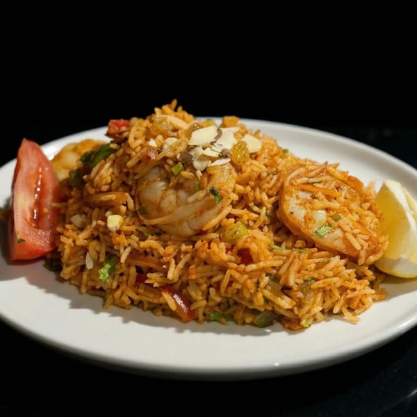 Shrimp biryani with sliced almonds, raisins, a tomato wedge, and lemon on a white plate.