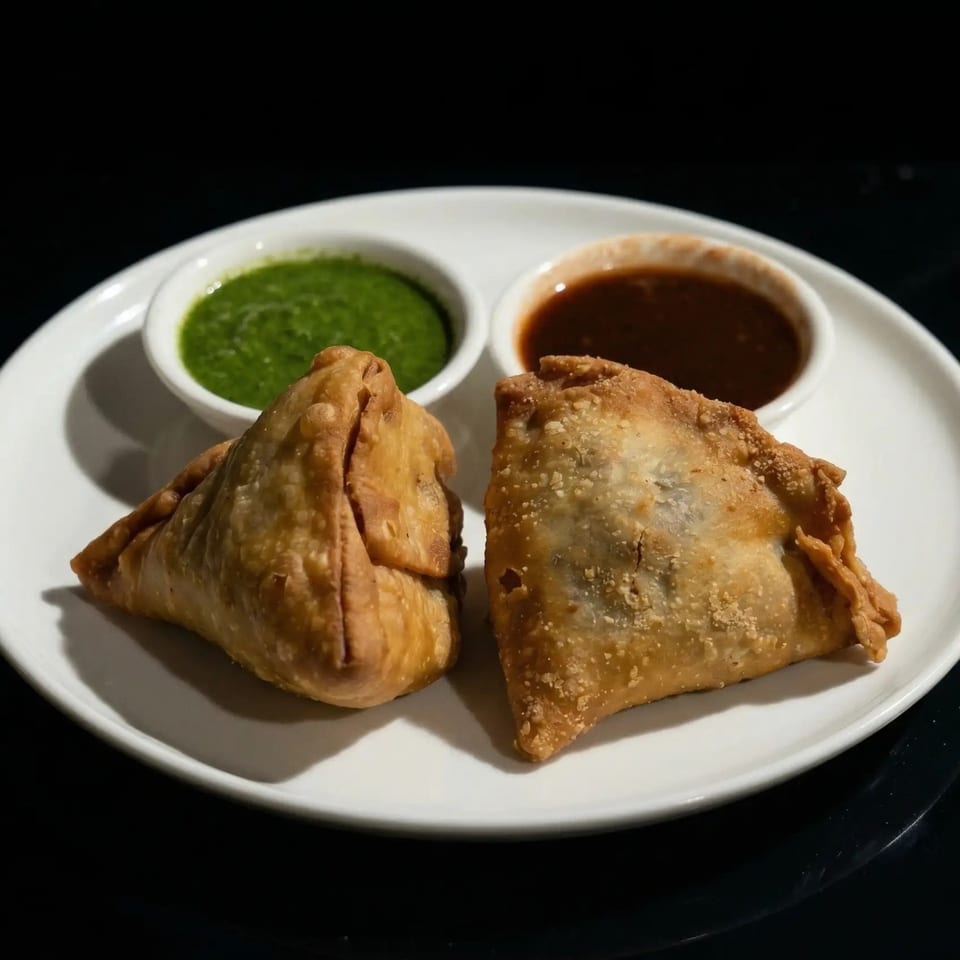 Two golden-brown samosas on a white plate with small bowls of green and brown chutneys.
