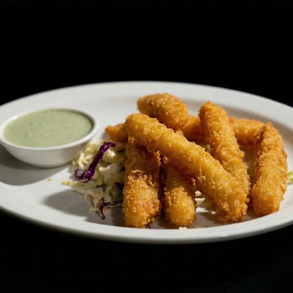 Crispy fried calamari sticks with a side of green dipping sauce and coleslaw on a white plate.