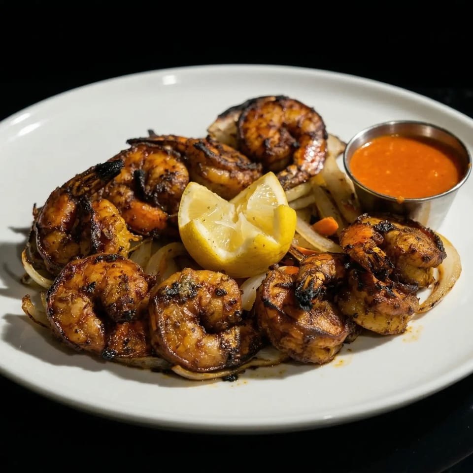 Grilled shrimp and onions with a lemon wedge and a side of red sauce on a white plate.