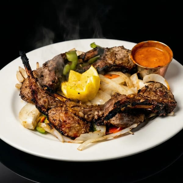 Steaming lamb chops with grilled onions, peppers, and a lemon wedge, served with dipping sauce.